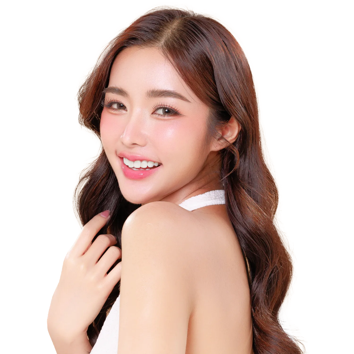 หญิงสาวยิ้มสวยฟันขาว